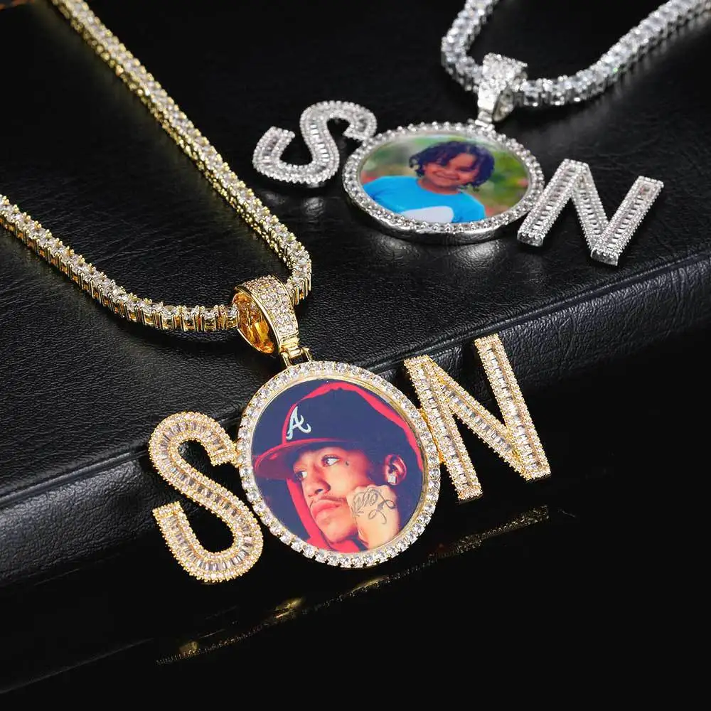 

Personality Photo Necklace Iced Out Bling Cubic Zircon Picture Pendant Customized Photo Necklace Crystal HipHop Gifts