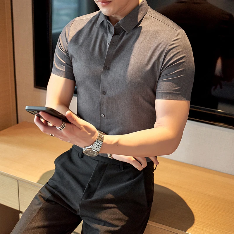 

Summer Traceless Ice Silk Shirts Men Short Sleeve Solid Color Slim Casual Business Dress Shirt Social Streetwear Men Clothing