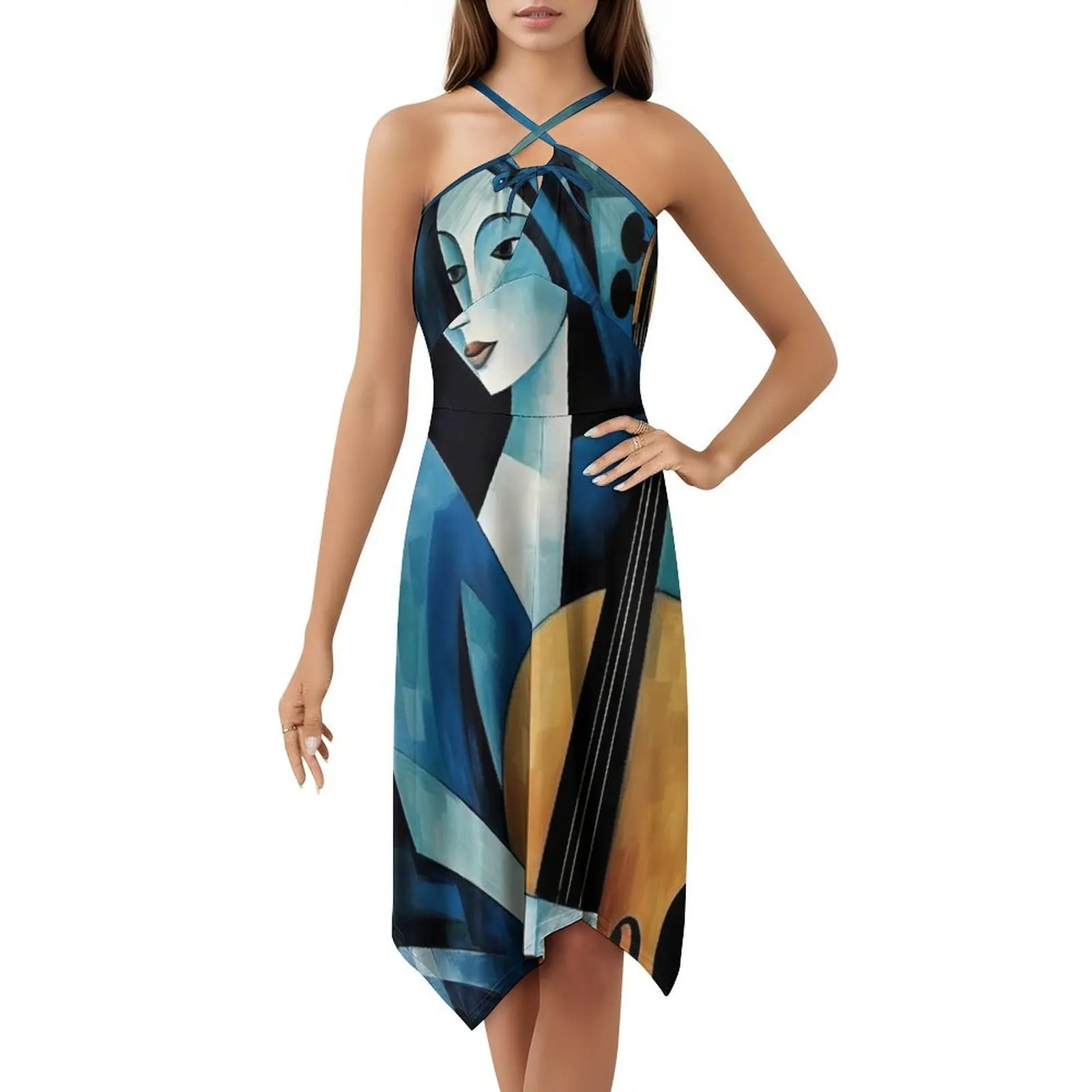 مكعب: فستان سيمفونيات زرقاء في الفن الحديث البوهيمي بدون أكمام للنساء مطبوع فساتين حفلات الشاطئ مكعب باللون الأزرق الفني #5