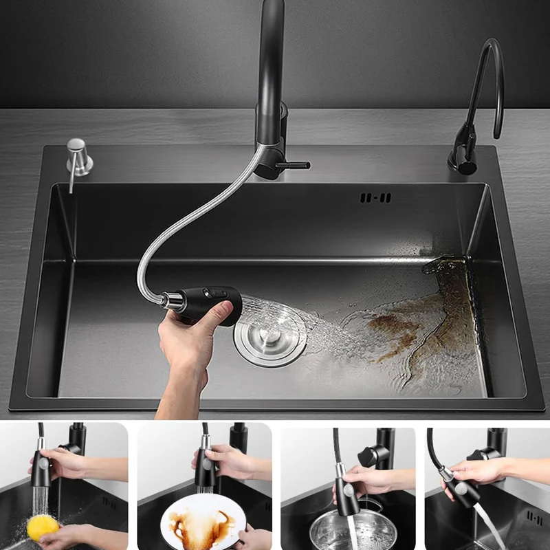 Black Nano Wash Basin Single Sink creative Stainless Steel Kitchen Sinks Drain Set Home Handmade Wash Basin Kitchen Accessories