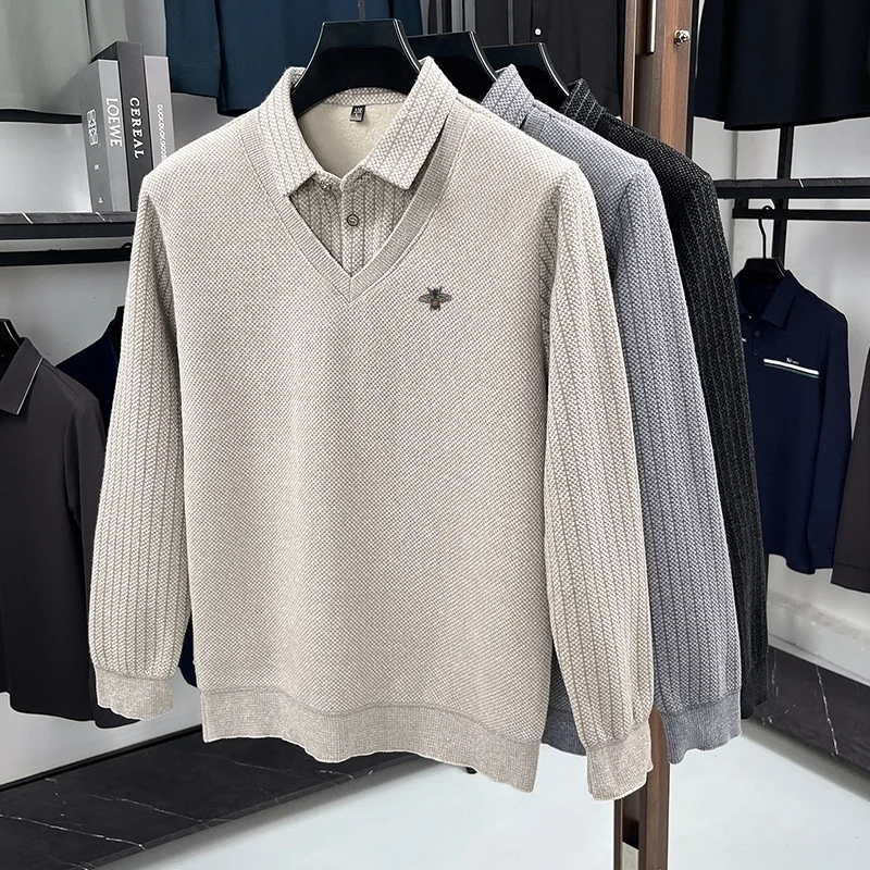 Herren-Herbst-Polohemd mit Revers, im Fake-Two-Piece-Look, mit Print, einfarbig, weich, hochwertig, lässig, langärmlig, vielseitige Herrenbekleidung – Detail 1