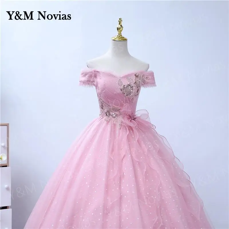 Y & M Nieuwe Elegante Boothals Vestidos Roze Quinceanera Jurk Real Photo Party Prom Dress Classic Baljurk Robe de Luxe Plus Size