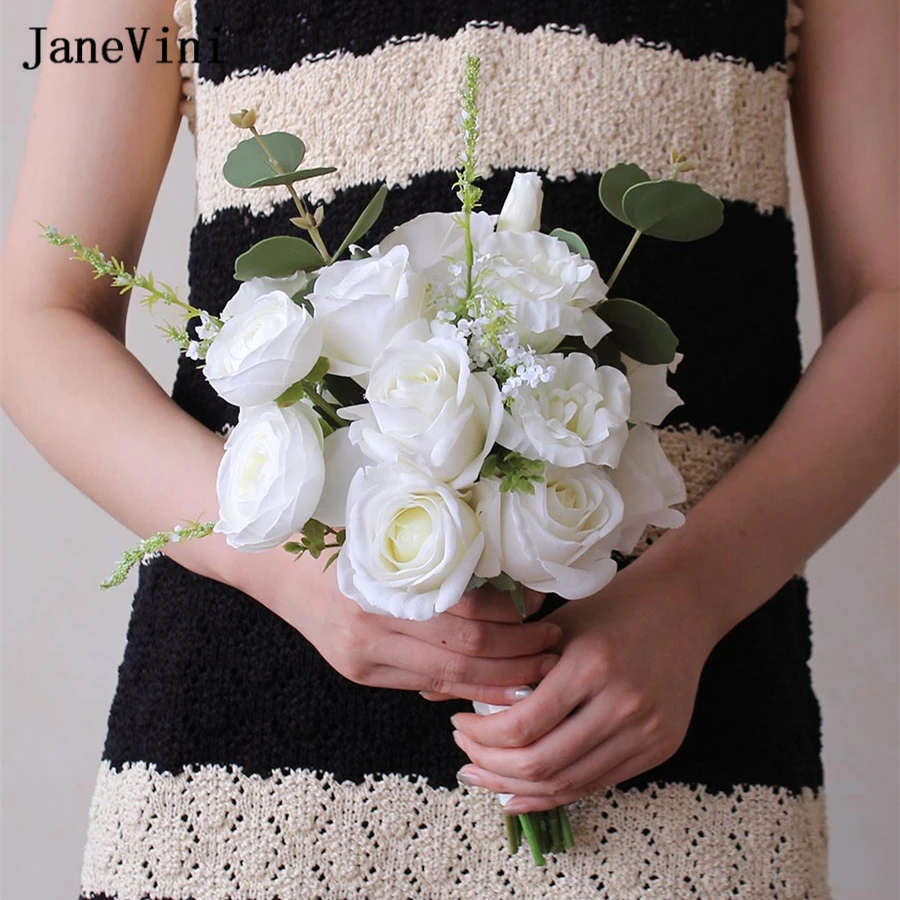 JaneVini New Elegant Western Boho Bridal Bouquets Artificial Roses Hydrangea Small Bridesmaid White Wedding Bouquet Silk Flowers