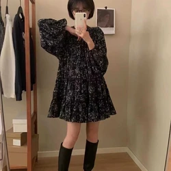 Loose Dress Women Floral Print Korean Style Long Sleeve Slim All-match Casual Office Lady Sweet Temperament Cozy Spring