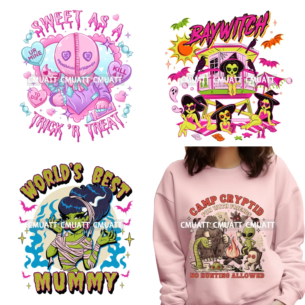 

Horror Spooky Season Cartoon Witch Trick Or Treat Halloween Holiday Iron on DTF Transfers Stickers Ready to Press for Clothing