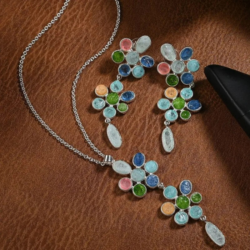 

New Arrival Autumn Winter Jewelry Sets Colorful Resin Petal Earring Long Pendant Necklace Temperament Sweet Style Jewelry Sets