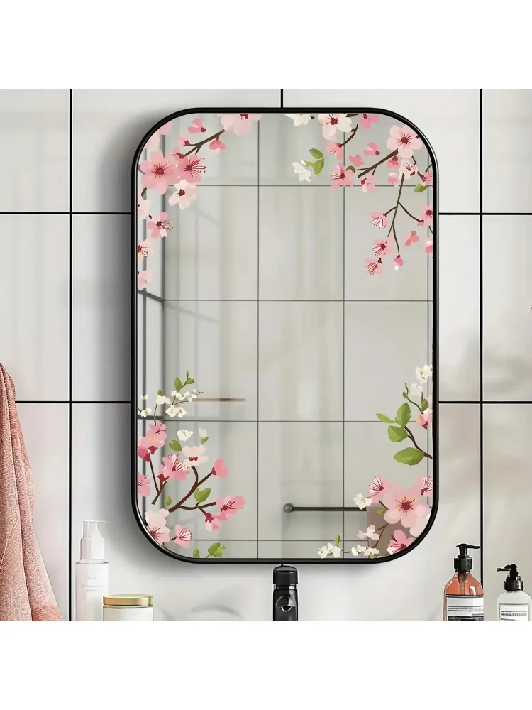 1Pc Pink Peach Blossom Mirror Wall Sticker, Self-Adhesive Pvc Home Decor Sticker, Suitable for Mirrors, Glass, Bedrooms