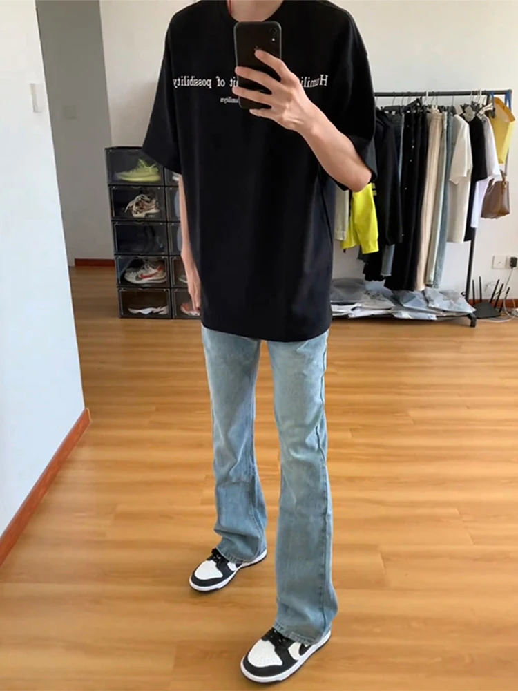 

Light Blue Men's Straight Leg Slim Fit Jeans Summer Thin Knife Flared Pants Waed American High Street Sle Jeans