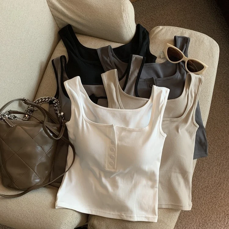 

Summer 2024 New Style Self-Preserved Square Collar Tank Top Women's Silk Vest with Chest Pad Short Length Outerwear