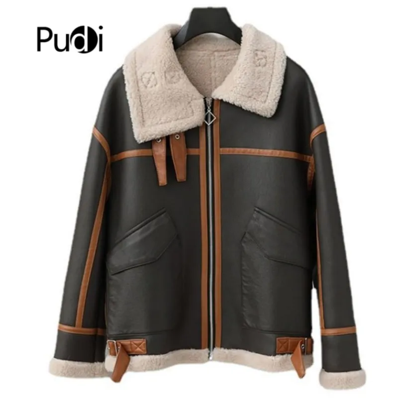 

PDUI Women PU Leather Wool Fur Coat Winter Warm Female Girl Sheep Shearing Jacket Parka CT150