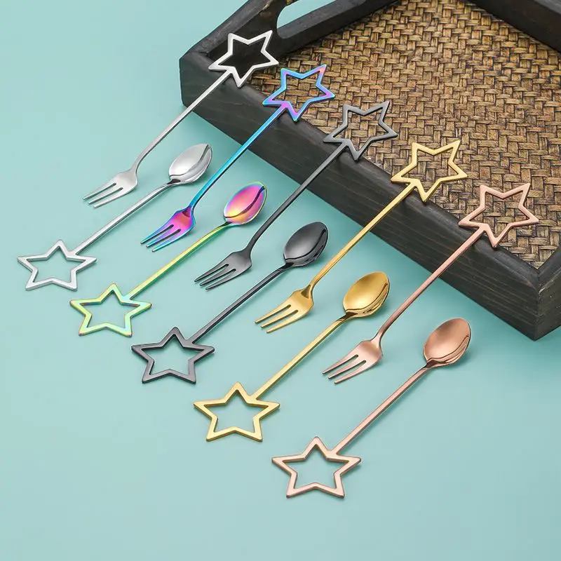 2 Pcs Coffee Spoon 304 Stainless Steel Creative Five-pointed Star Mini Spoons Fruit Fork Tiny Spoon Kitchen Accessories