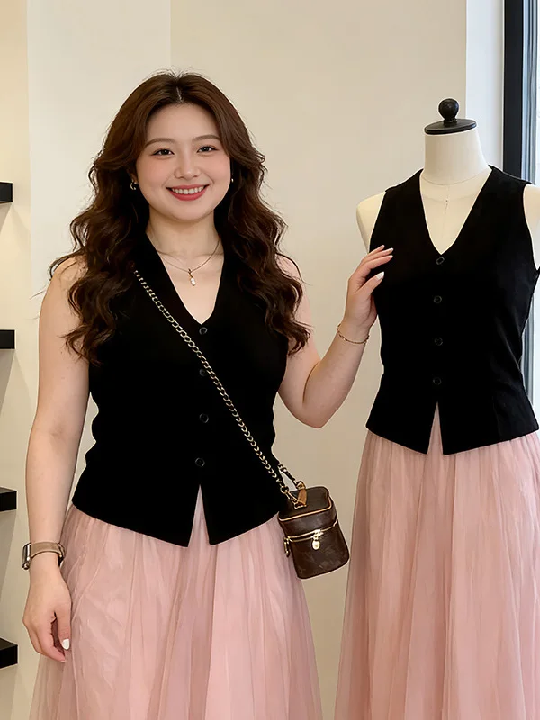 plus Size Korean V-Neck Black Sleeveless Vest Women's Summer New Style Conceal Side Breast Thin Inner Wear Top for Young Girls