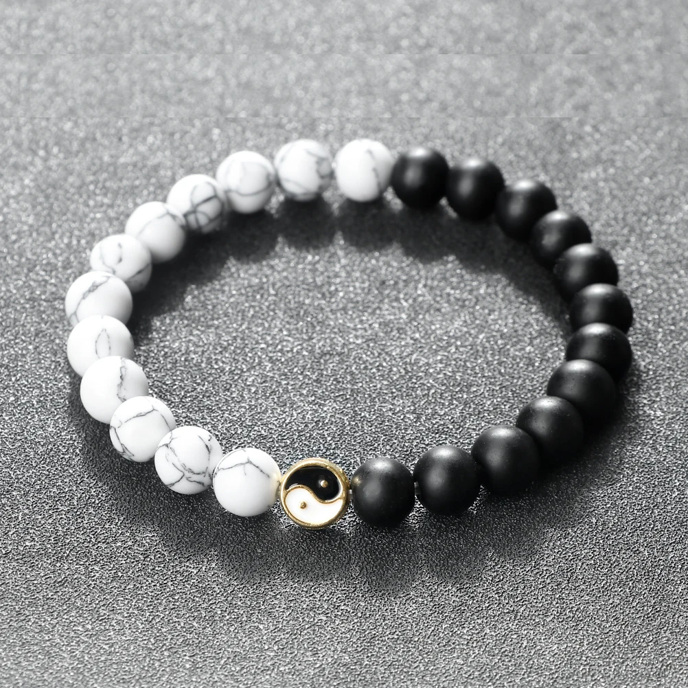 Fashion 8mm Natural Stone Bracelets Black And White Beaded Bangles Golden Color Taichi Lovers Gifts Elastic Handmade Jewelry Men