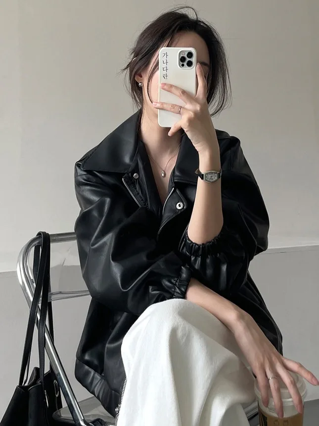 Retro High-End Feel PU Leather Jaet Women's Chic Loose Versatile Elegance Bla Leather Coat ort Sle for Teens