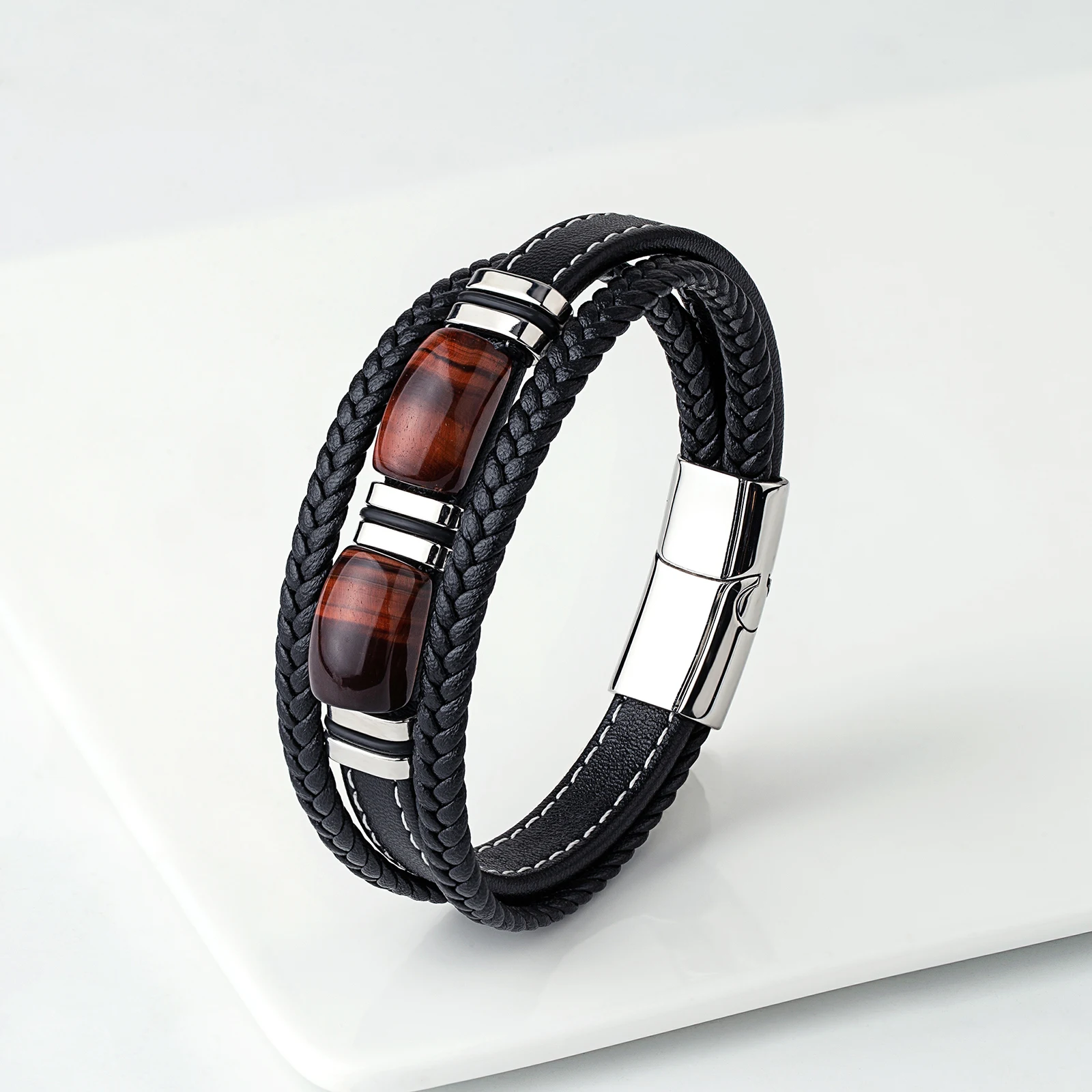 2023 New Vintage Wind Double Semicircle Natural Tiger's Eye Bright Stainless Steel 3 Layer Black Leather Rope Men's Bracelet