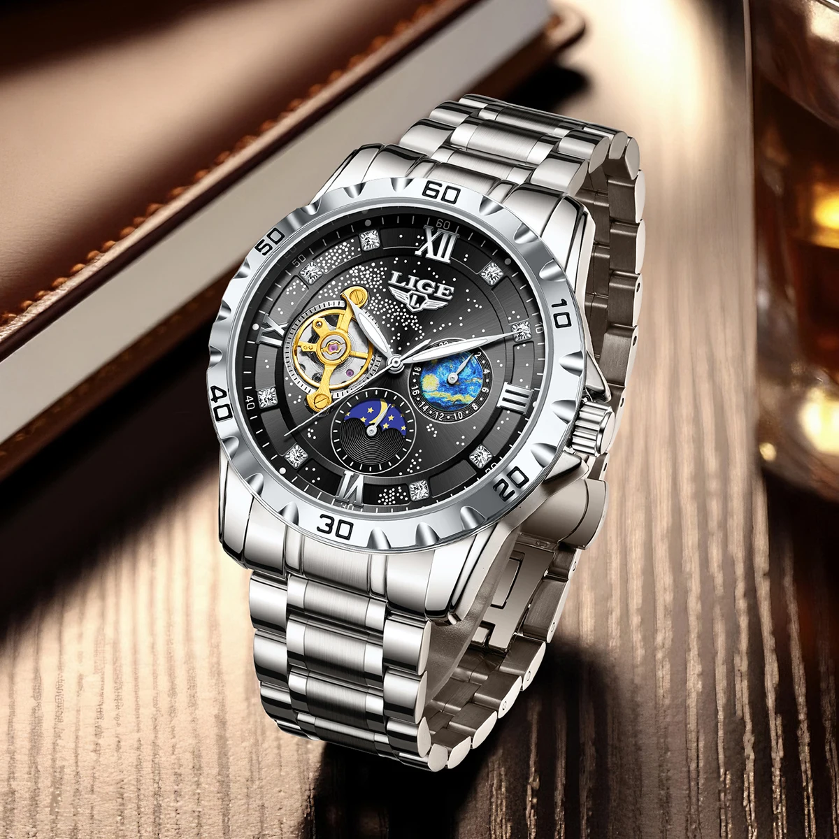 

Новые мужские часы LIGE: элитные, модные, деловые, автоматические, светящиеся, водонепроницаемые, механические. Мужские наручные часы.