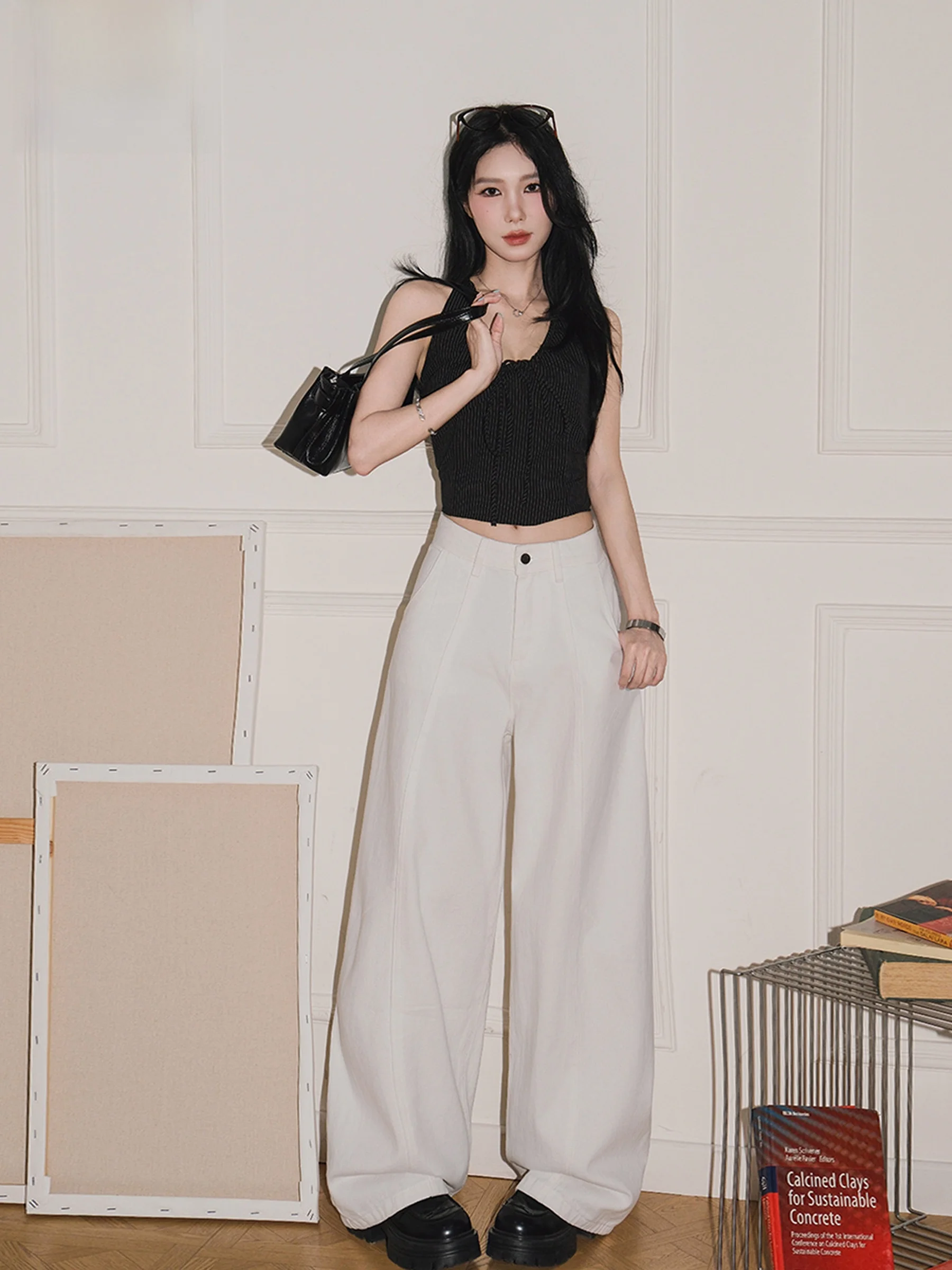 

White American High Street Retro Knife Jeans Women's New Summer High Waist Loose Slim Wide Leg Long Pants