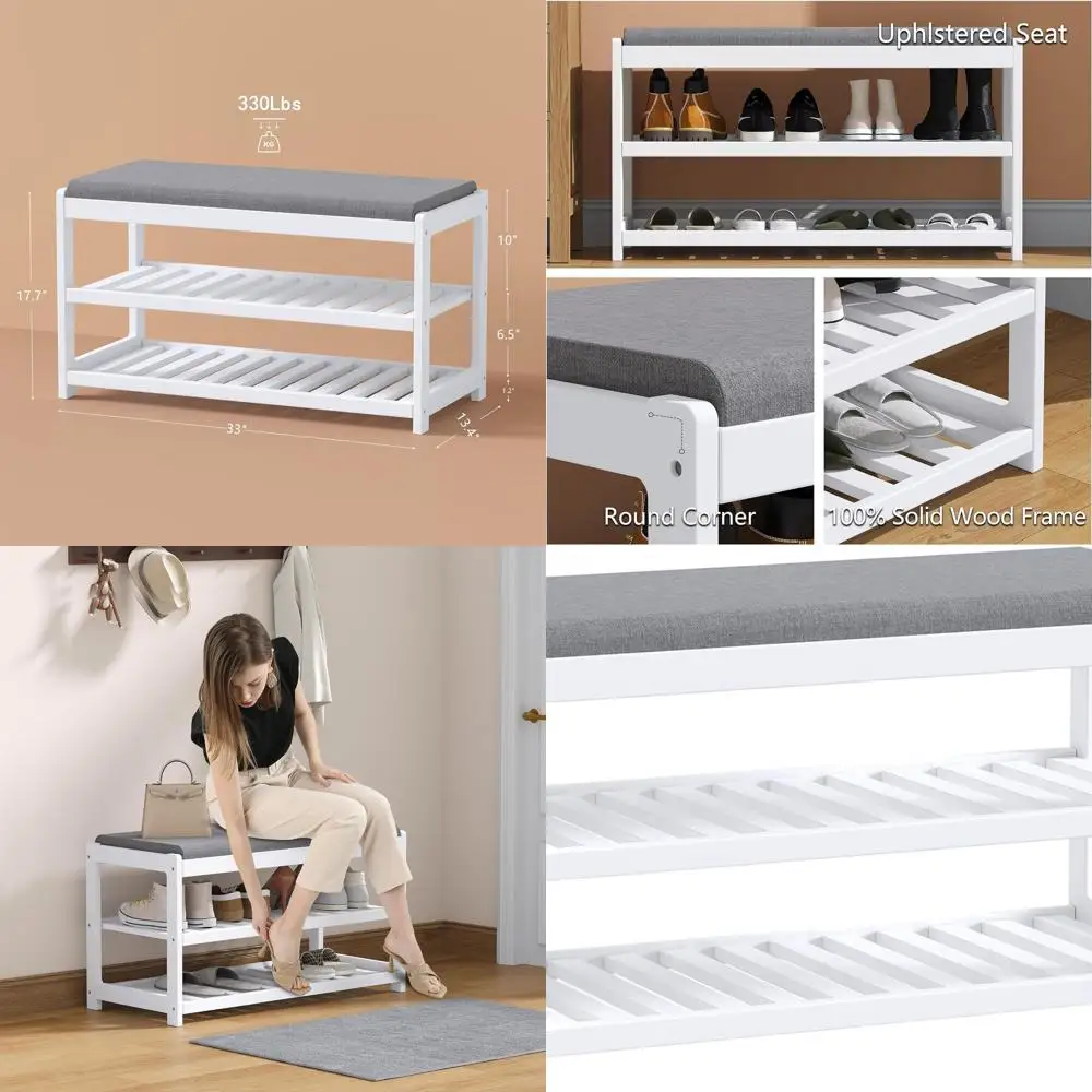 

White Wooden Shoe Bench with Storage, 3-Tier Rack, Padded Seat for Entryway & Mudroom