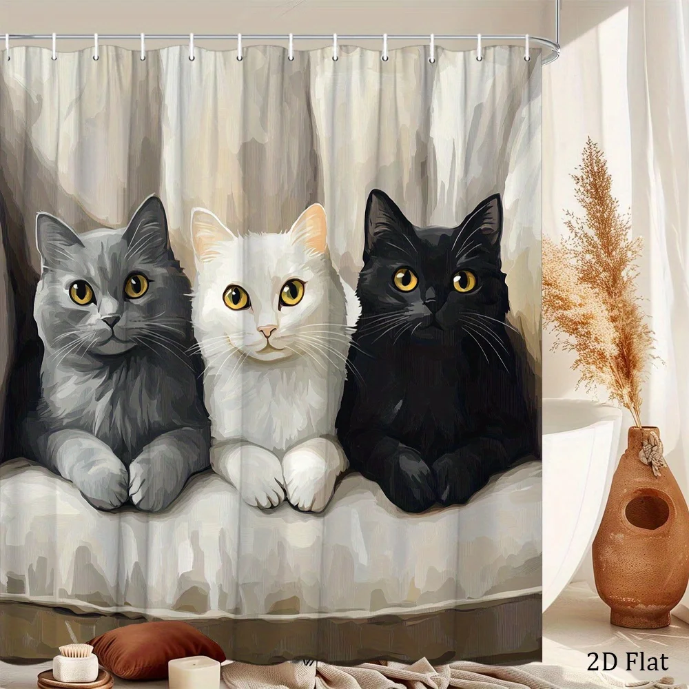 2D Flat, 1pc 2D Flat Cat Trio Shower Curtain Grey White Black Cats Beige Couch Realistic Feline Art Polyester Bathroom Decor wit