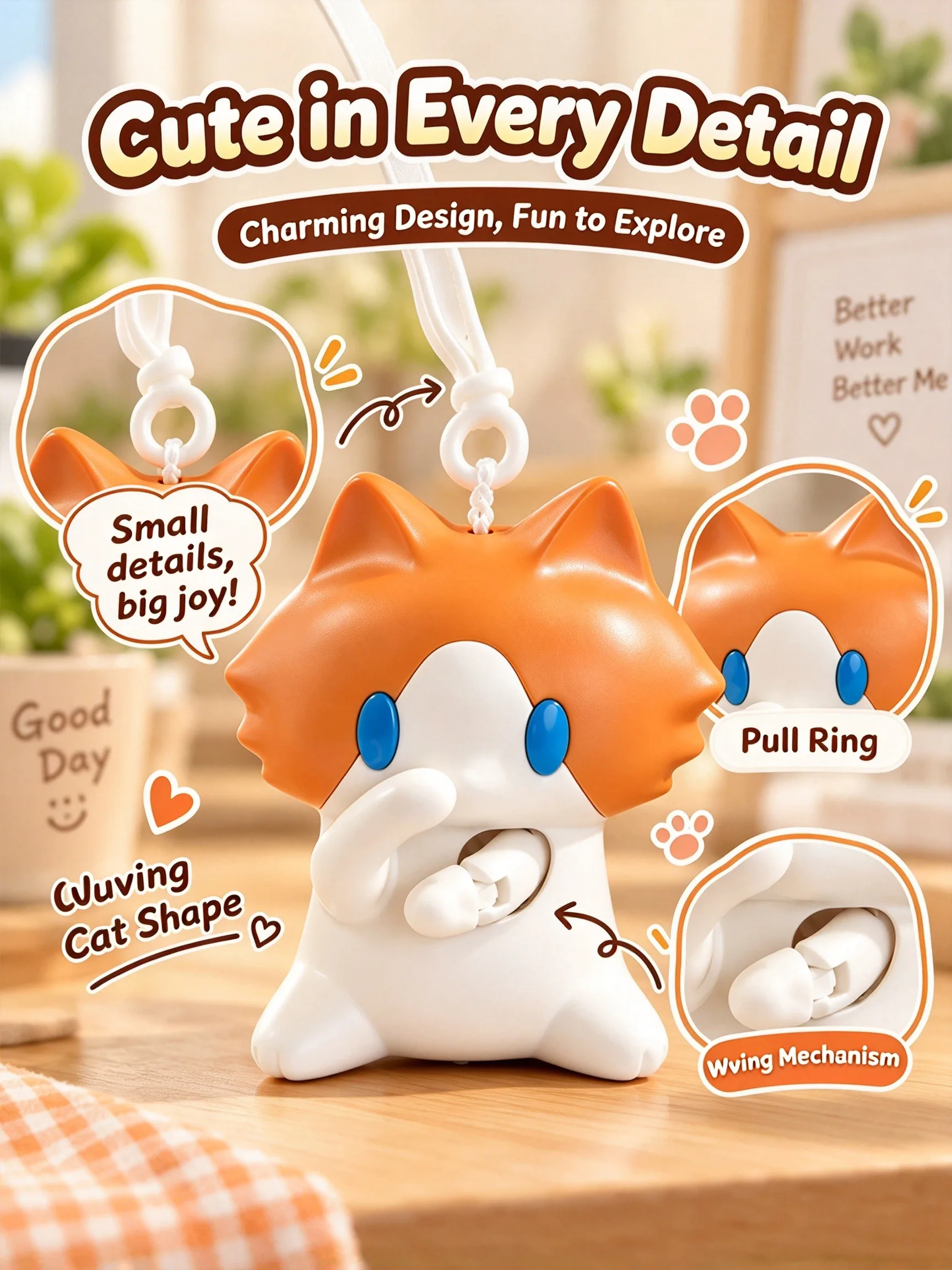 Yue Xin Miao Monthly Salary Cat, Pull String Waving Paw Fidget Keychain Stress Relief Desk Buddy Portable Bag Charm Novelty Gift