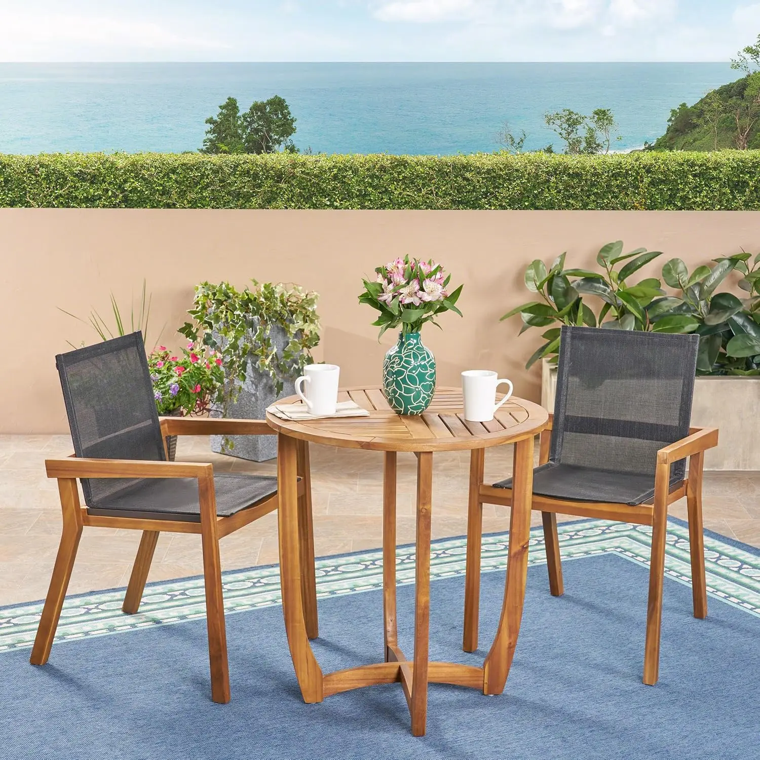 Marcello Outdoor Acacia Wood 3 Piece Dining Set with Mesh Seats, 21.5 "W x 24.25 "D x 33.5 "H