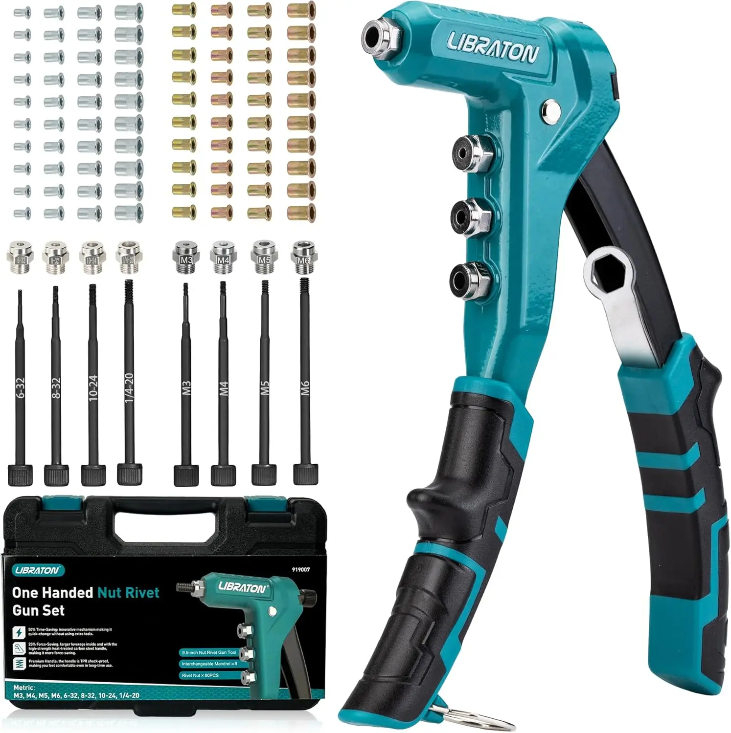 9.5" One-Handed Rivet Nut Gun Kit with 80PCS Nuts, 8 Mandrels, M3-M6 & SAE Sizes, Carrying Case