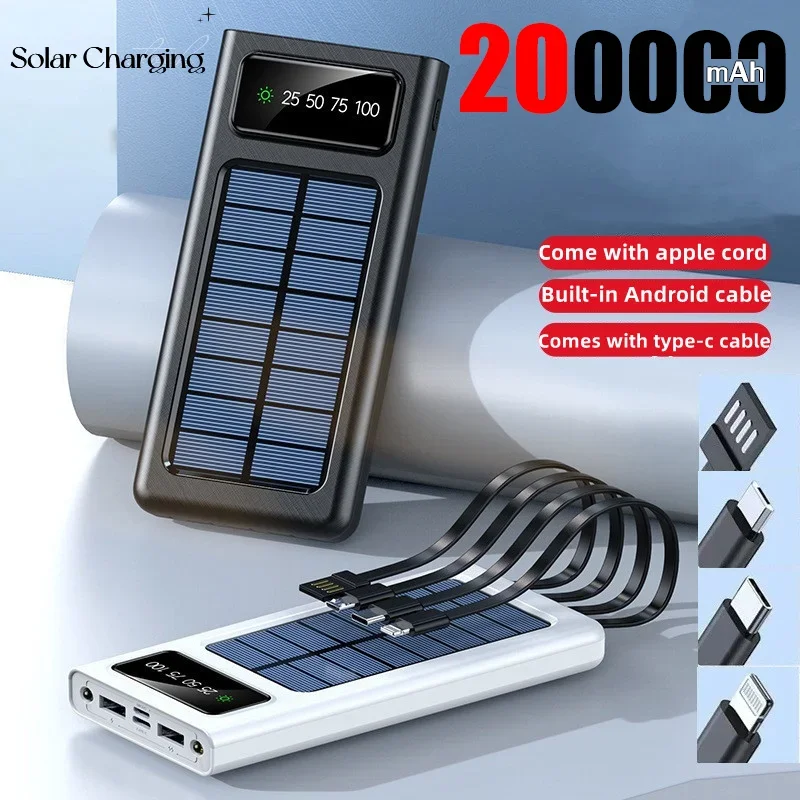 200000mAh Ultra-Large Capacity Power Bank Solar Charging Power Bank With Four Wires Suitable For Samsung Apple Xiaomi Huawei New