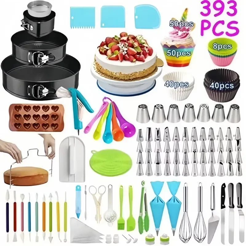 New design stainless steel eco-friendly cake decoration set, including more than 20 pieces, with rotating cake rack and