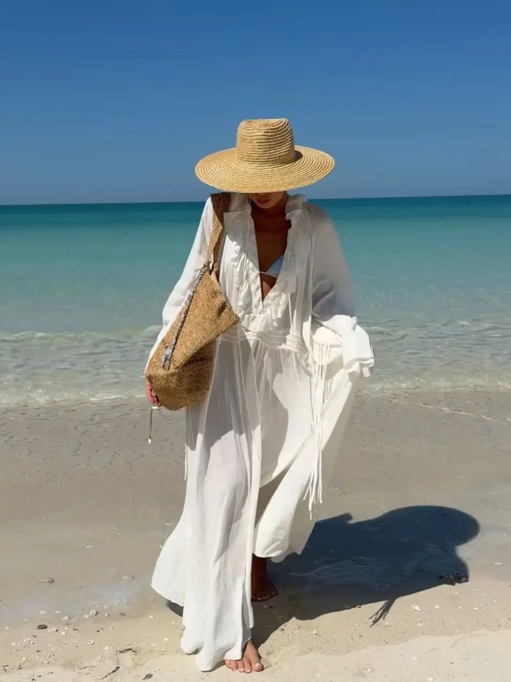 Fashion V-Neck Ruffle Trim Swimwear Cover Up Luxury Lady Maxi Beach Dress Elegant Mujer Long Sleeve Oversized Vacation Beachwear