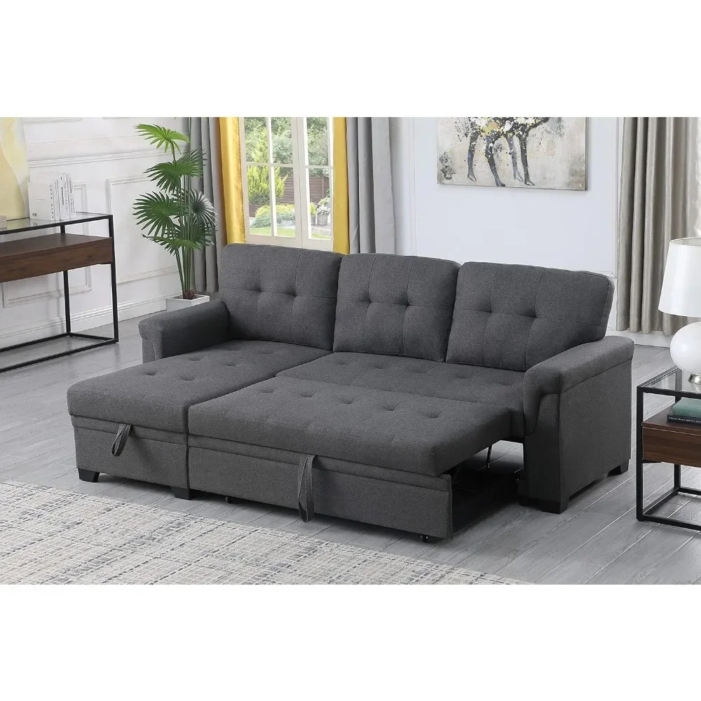 84" W Linen Reversible Sleeper Sectional Sofa with Storage Chaise