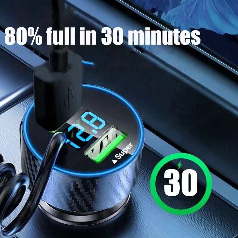 4 in 1 USB C Car Phone Charger Adapter Super Fast in Car with LED Voltage Monitor Retractable Cable for iPhone 15 14 Samsung