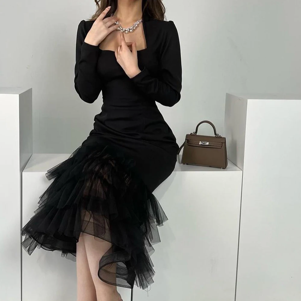 

Customized Luxury Mermaid Tulle Tiered Evening Dress Square Collar Long Sleeves Black High Quality Special Occasion Go