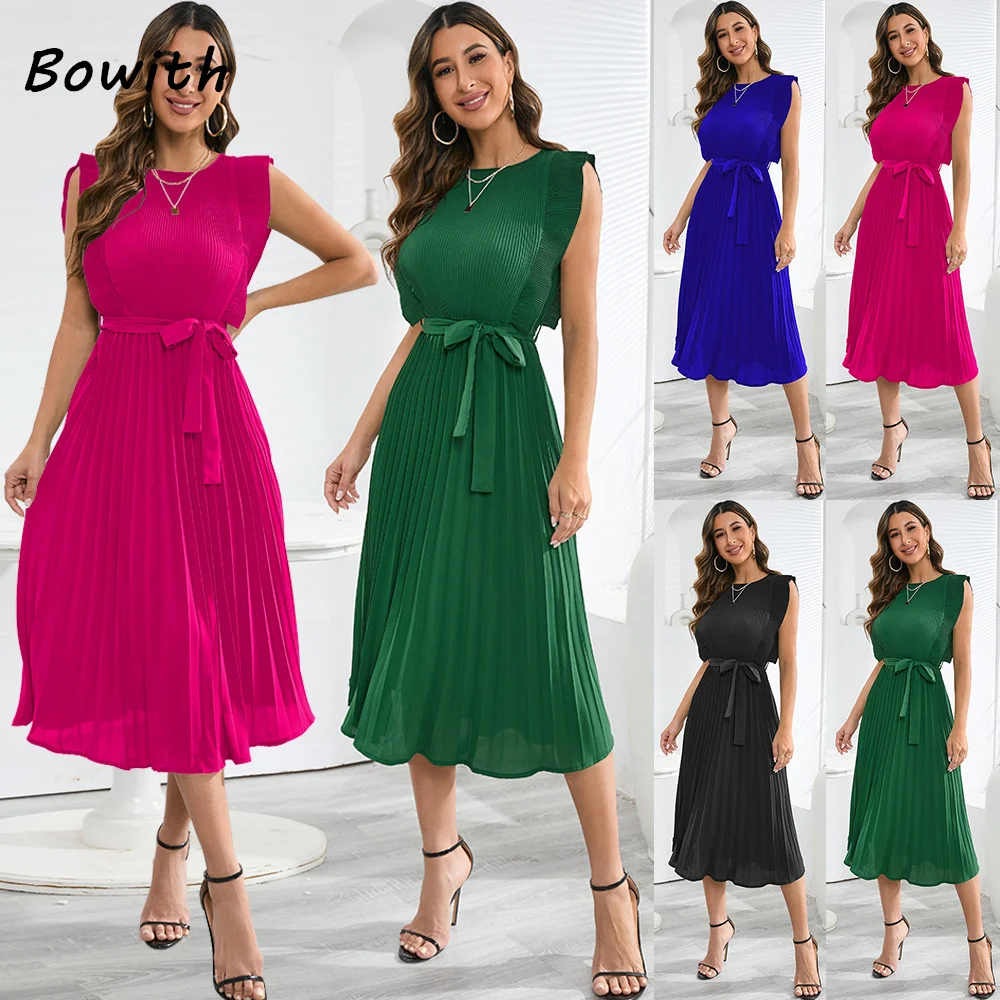 

Bowith Ruffle Sleeve Dress Long Pleated Ruched Midi Dress for Women Casual Elegant Birthday Party Black Dresses 2024 vestidos