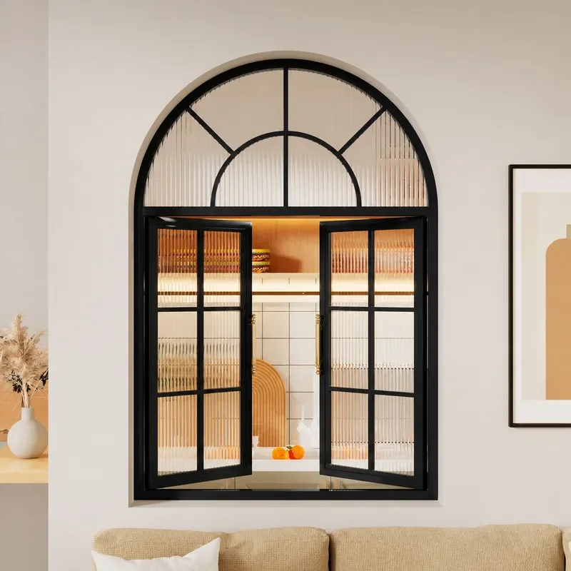 French arched floor-to-ceiling windows, retro casement glass windows, indoor lighting windows, restaurant landscape windows,