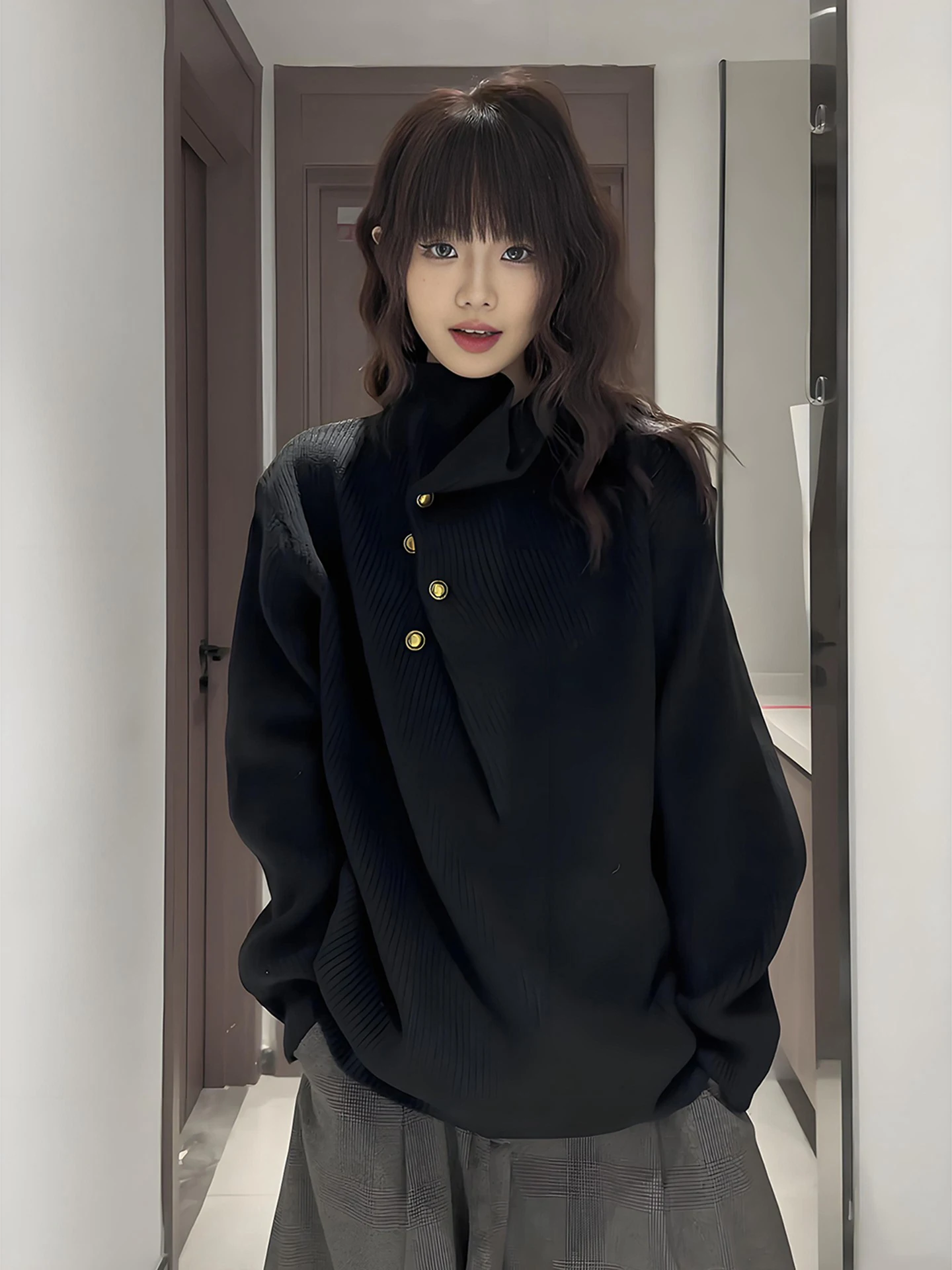 

Bla Irregular Button High Collar Knitted Sweater Men's Autumn Winter Soft Cozy Base Layer irt Ci Walk Office Casual