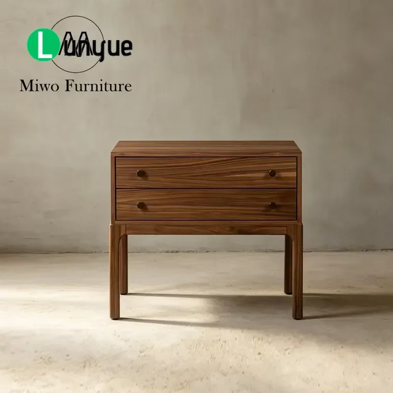 Modern Walnut Wood Rectangular 2-Drawer Bedside Table Wide Nordic Nightstand Decorative Cabinet for Living Room Bedroom