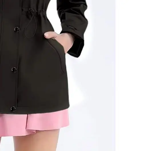 Womens Regular Fit Hooded Trench Coat with Stand Collar Snap Buttons Windproof Fabric and Drawstring Waist Trim
