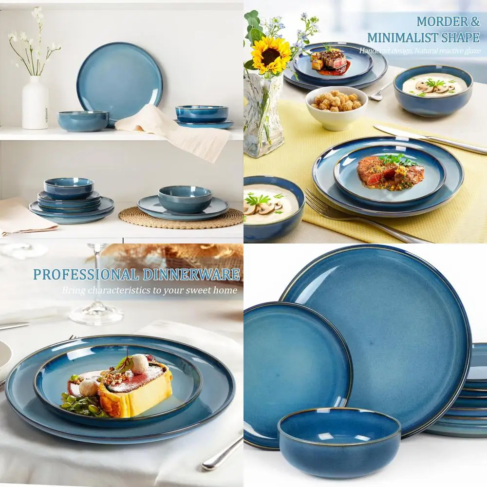 

4-Person Stoneware Dinnerware Set: 12-Piece Modern Ceramic Plates & Bowls with Reactive Glaze, Microwave and Dishwasher Safe