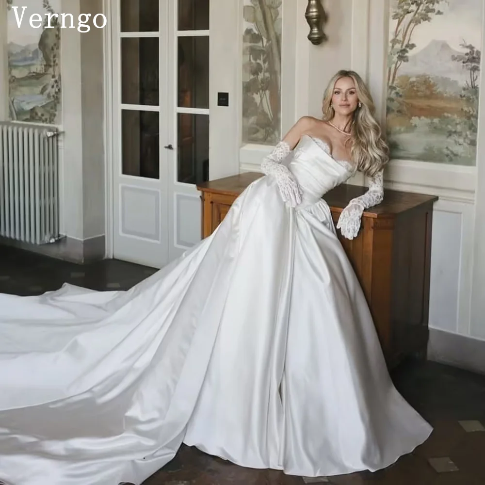 Verngo lvory Satin Wedding Dress Lace Sweetheart A Line Princess Bridal Gowns Women Elegant Prom Bride Dress Customized