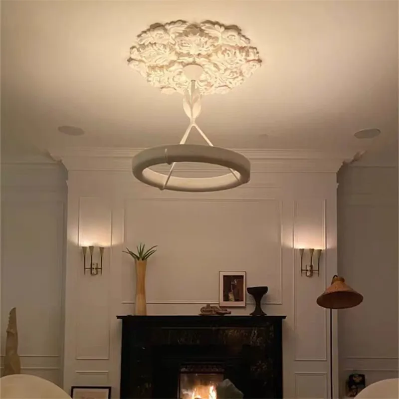 Artistic Carved Plaster Chandelier Led White Resin Gypsum Round lamp Living room Dining room Bedroom French Court hanging Lamp