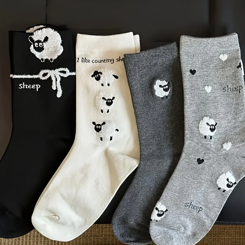 

4-Pair Set,Soft Flocked Sheep Ankle Socks for Women, Grey Solid Stackable Crew Socks, Ins Style
