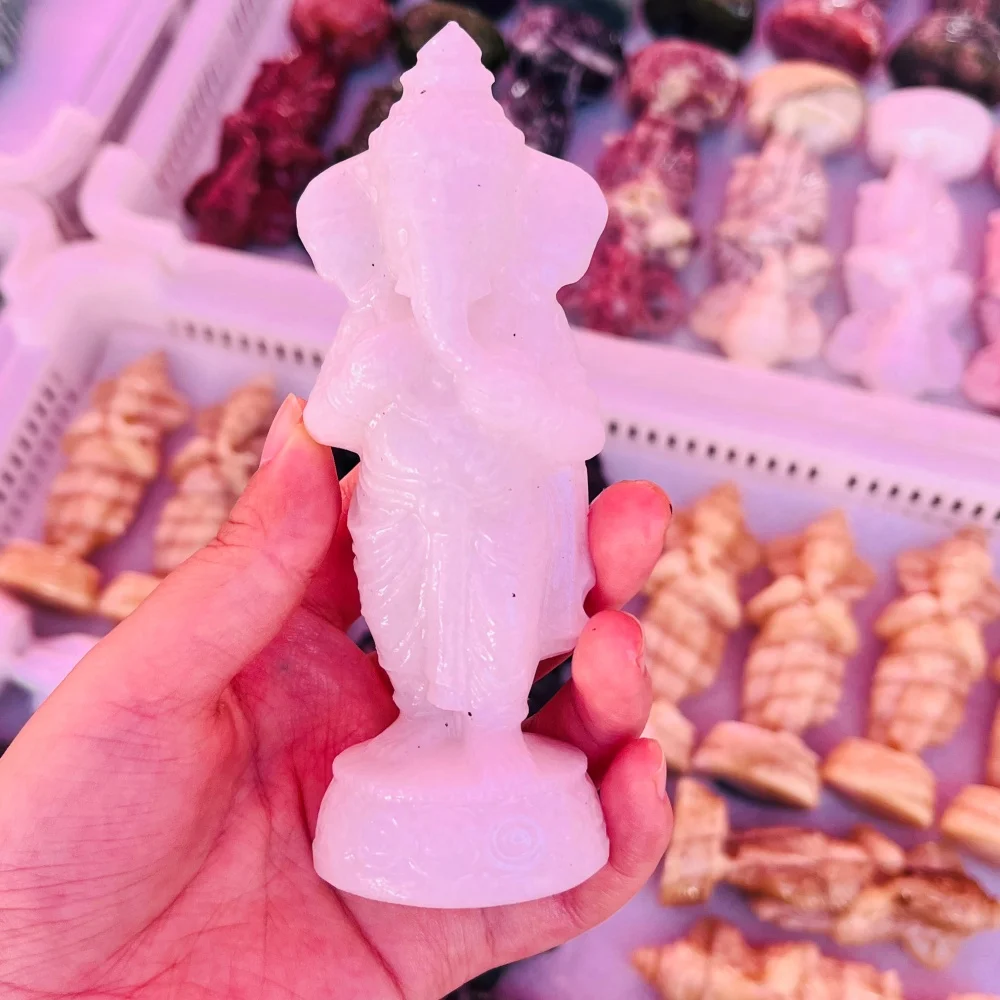 Natural White Jade Ganesha Elephant God Carving Crystal Figurine Healing Stone Desktop Altar Ornament Home Decoration