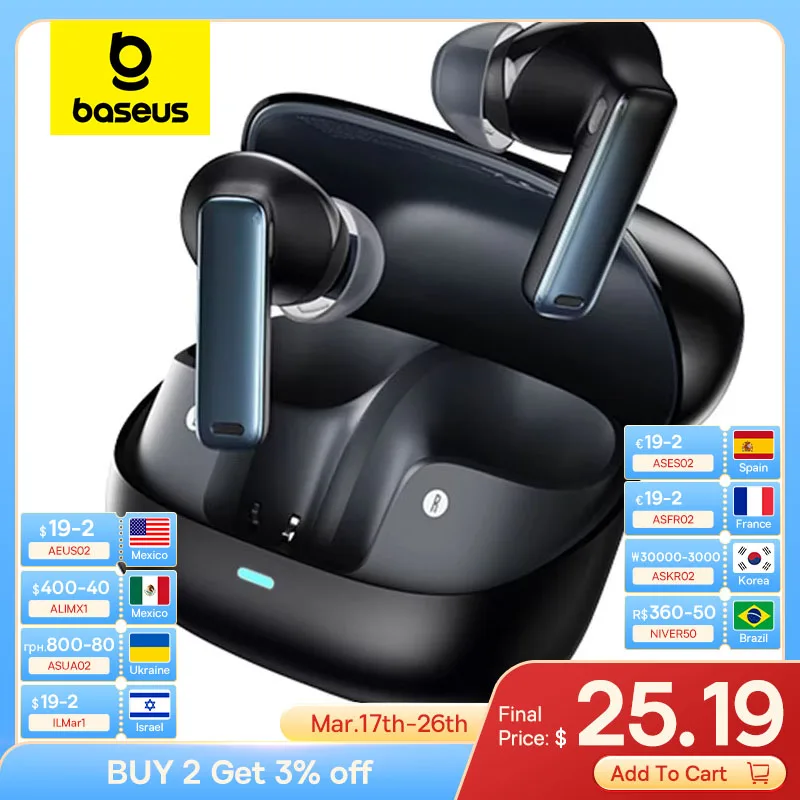 Baseus Bowie M2s auriculares inalámbricos-48dB cancelación activa de ruido auriculares Bluetooth 5,3 38ms auriculares de Audio espacial de baja latencia