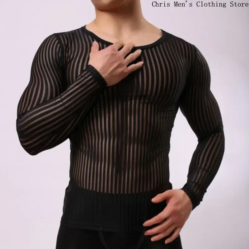 Men's Breathable Quick Drying Training Tight T-shirt Sexy See-through Men T-shirt Muscle Men Stretch Casual Base Long Sleeve Tee