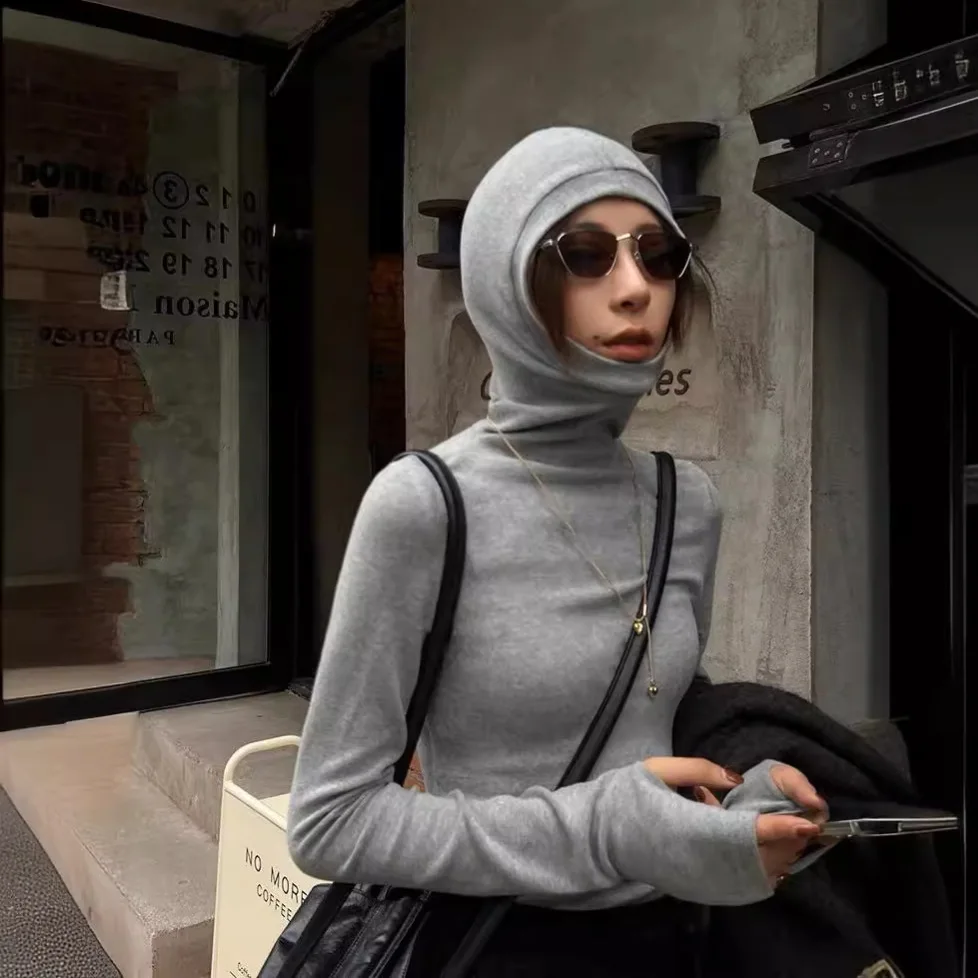 

Solid Long-sleeved Hooded Jumper Women's Autumn and Winter New Fashion Slim-fit Turtleneck Hooded Pullovers Top