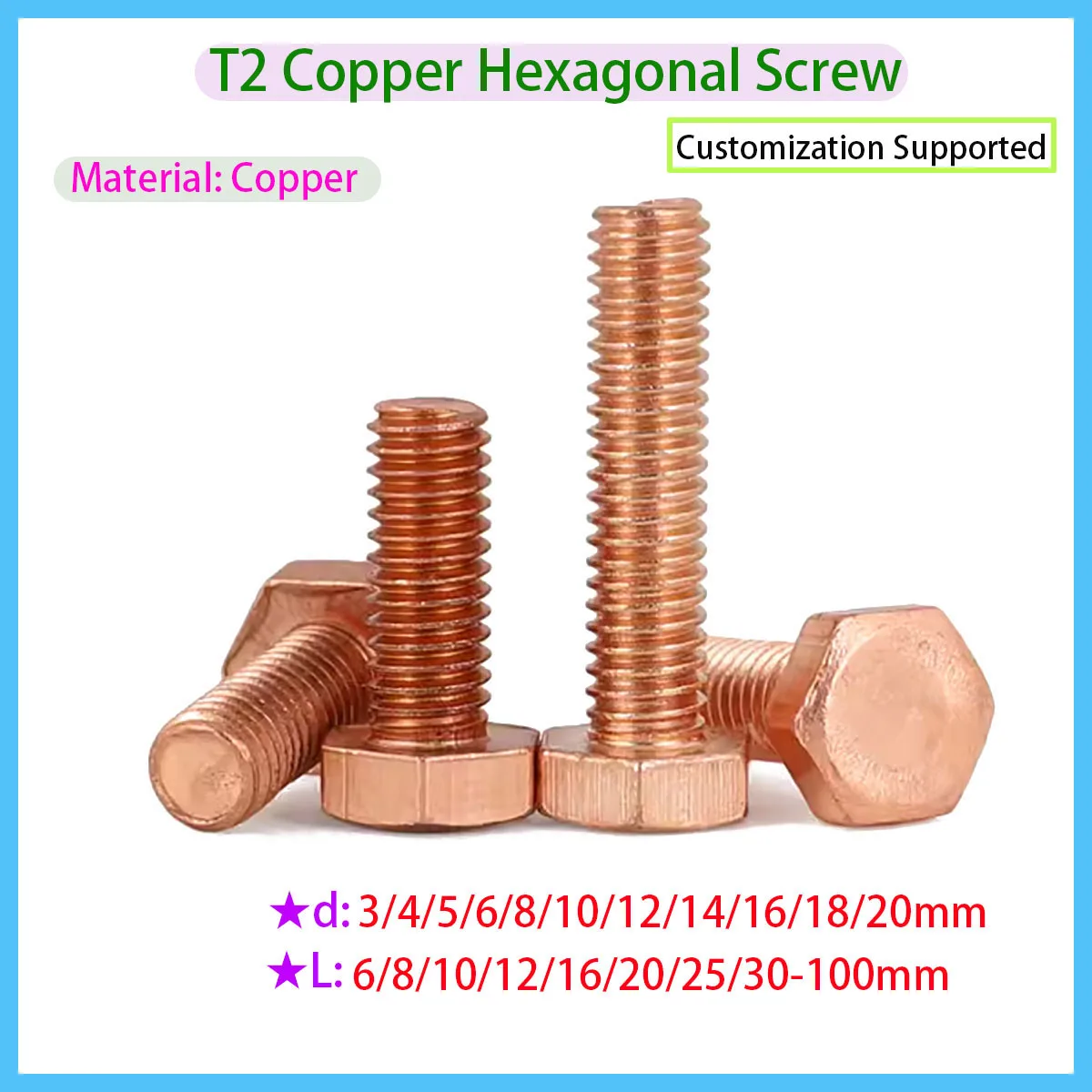T2 Pure Copper Hexagonal Screw M3~M20 Copper Conductive Bolt Double Headed Electrolytic Copper Bolt
