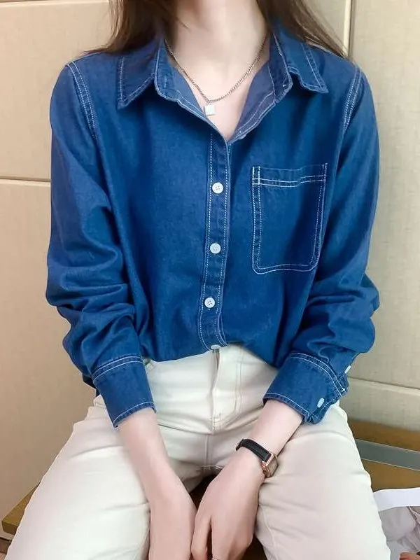

Women's Cotton Denim Shirt Thin Casual Loose Fit Spring Summer Collar Long Sleeve Cleanfit Style Comfortable Commuter Wear