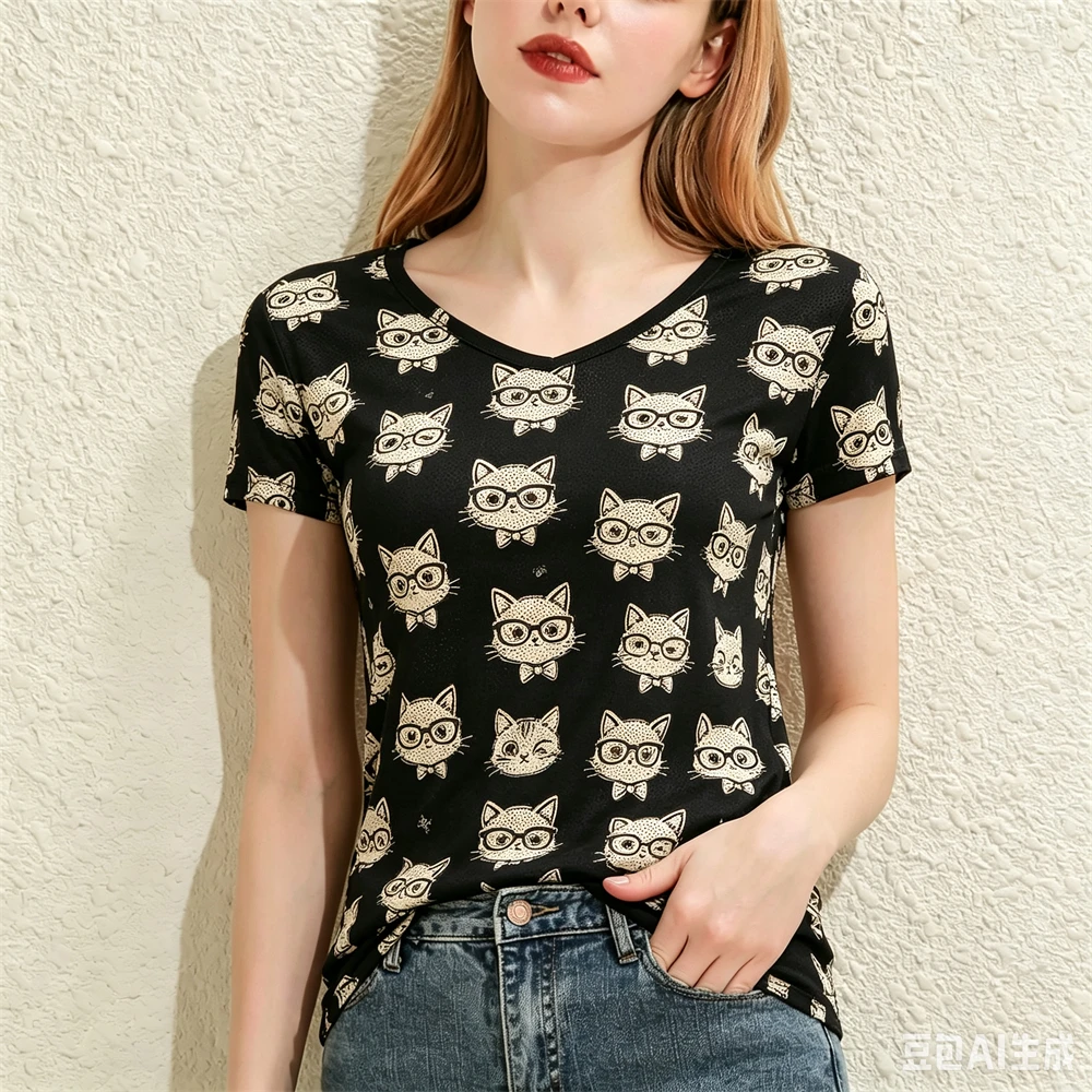 Cute Animal Printed Women's T-Shirts Fashion V-neck Short Sleeve Tees Casual Loose Comfortable Tops Summer Trend Female Clothing