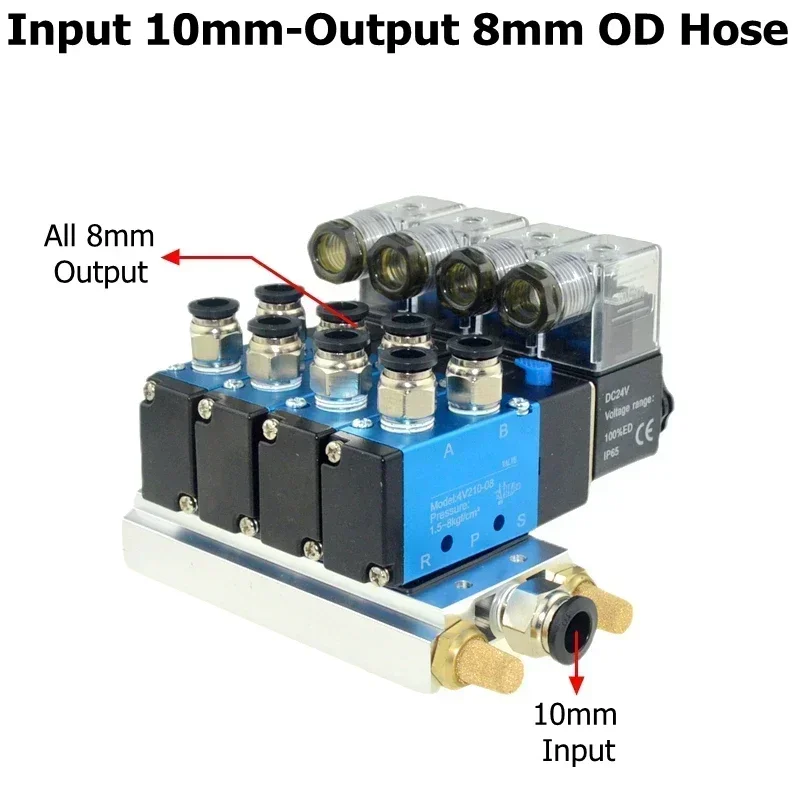 Pneumatic 4V210-08 Solenoid Magnetic Valve Block Muffler Fitting Base Multi Way Manifold Stations 12/24V 110/220V 6mm 8mm Hose