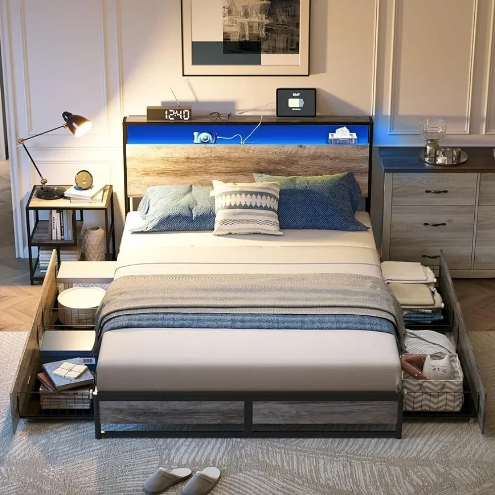 Bed frame with 4 drawers and headboard, bed frame with RGB lights and fast charger with storage